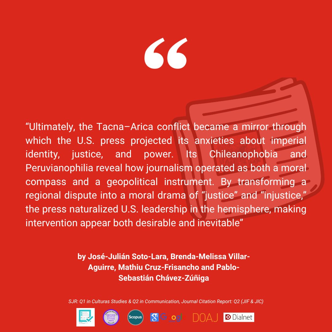 JournalCommSoc's tweet photo. 📄”The “Chilean-Peruvian conflict” in the U.S. American Press during the failed Spanish Arbitrage (1898-1901)” by José Julián Soto-Lara, Brenda-Melissa Villar-Aguirre, Mathiu Cruz-Frisancho and Pablo-Sebastián Chávez-Zúñiga

🔍https://t.co/ZpdSQmZdx1

#OpenAccess #Communication https://t.co/OWW4crlHRO