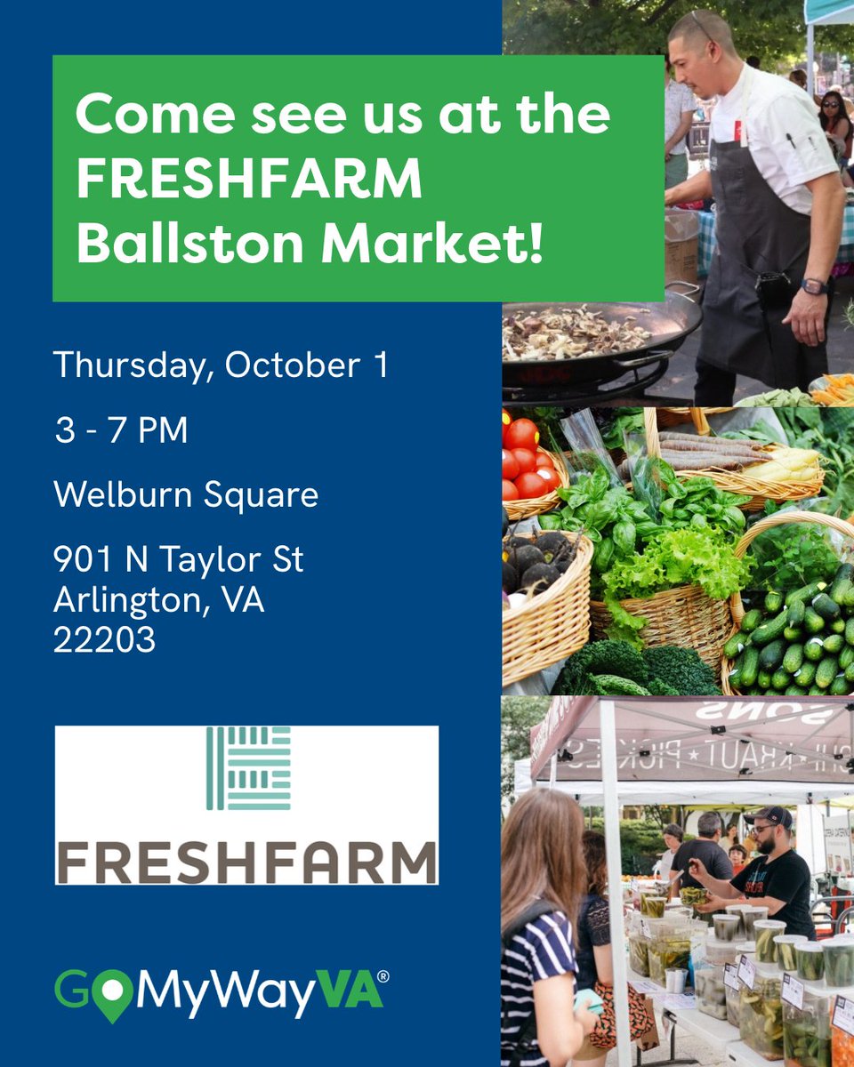 GoMyWayVA's tweet photo. Come meet GoMyWayVA® at the FRESHFARM Ballston Market on Thursday, October 1 from 3–7 PM at Welburn Square in Arlington. Stop by our table, say hello, and learn how GoMyWayVA® can help make getting around Northern Virginia a little easier. 

#GoMyWayVA  #FRESHFARM https://t.co/j2coIAUZEo