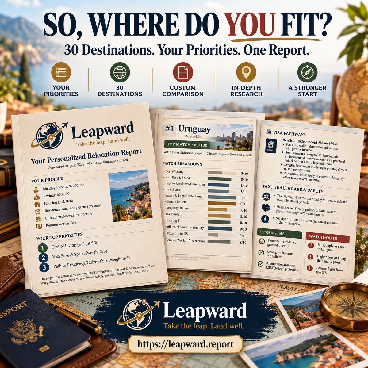 LeapwardApp's tweet photo. So, where do you fit? 🌍

Day 7 brings it together: 30 destinations. Your priorities. One Custom Relocation Report.

Ready to see where your priorities lead?
🏷️ Save 20% with LEAP20.
https://t.co/6Kagw3lz9L

Ends Oct. 1, 11:59 PM ET. Terms apply. https://t.co/f4RDjRdFdM
