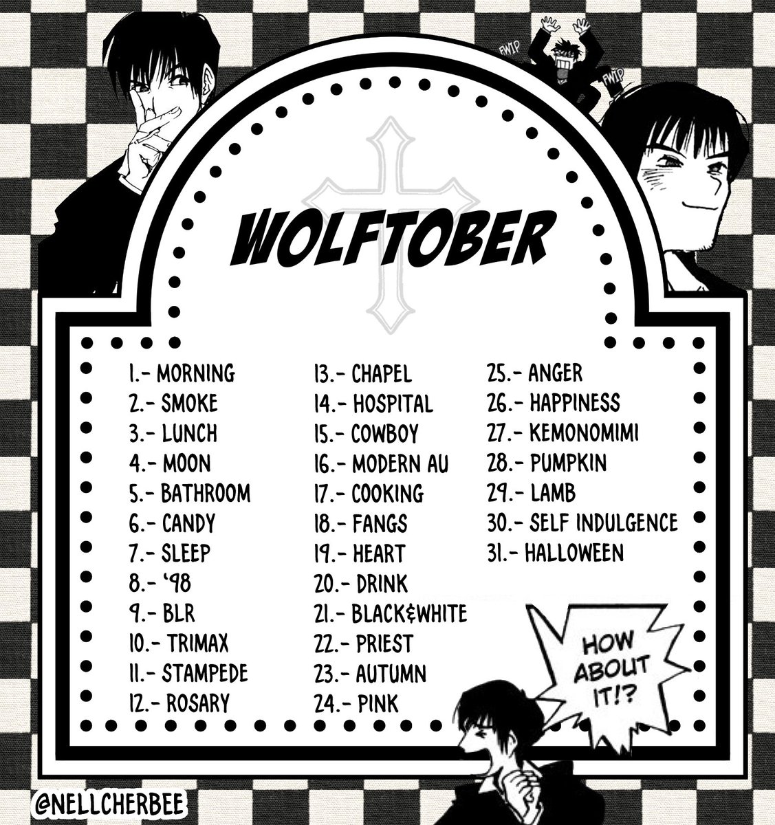 nellcherbee's tweet photo. An October challenge but it’s all Wolfwood.
I did this list for myself but feel free to join if you wish to 🐺
#trigun #wolftober https://t.co/islp0dHk3W
