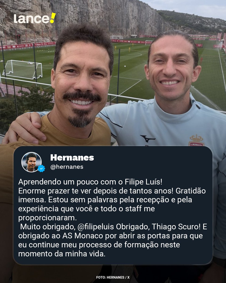 lancenet's tweet photo. PROFETA E O MISTER! 🇧🇷👔
Hernanes, ex-jogador, divulgou em suas redes sociais que está no CT do Monaco e posou ao lado de Filipe Luís, treinador da equipe francesa!
#redes6 #LanceInforma #Aspa https://t.co/honw9TyZLG
