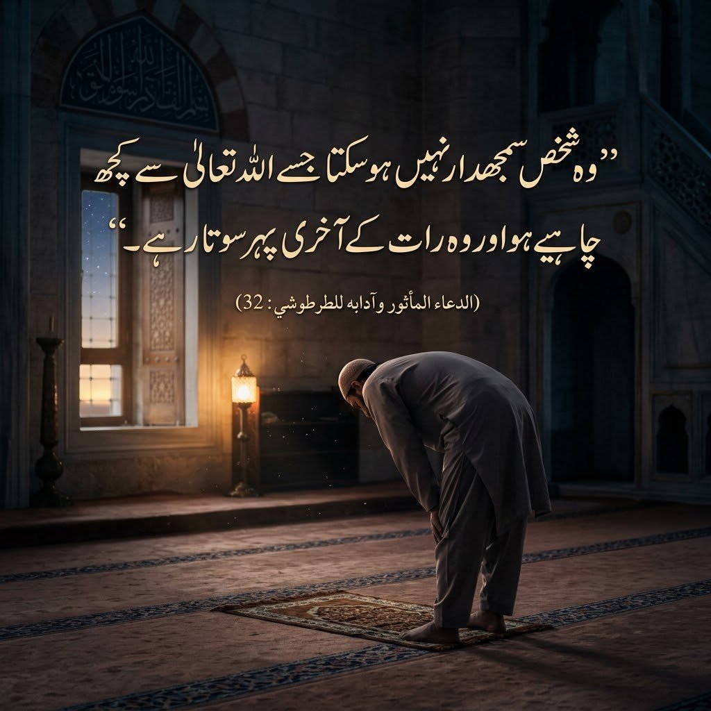 khutbatululama's tweet photo. ”وہ شخص سمجھدار نہیں ہو سکتا جسے اللہ تعالی  سے کچھ چاہیے ہو اور وہ رات کے آخری پہر سوتا رہے۔“

(الدعاء المأثور وآدابه للطرطوشي : 32)

#تہجد https://t.co/HiH5JAhwFe