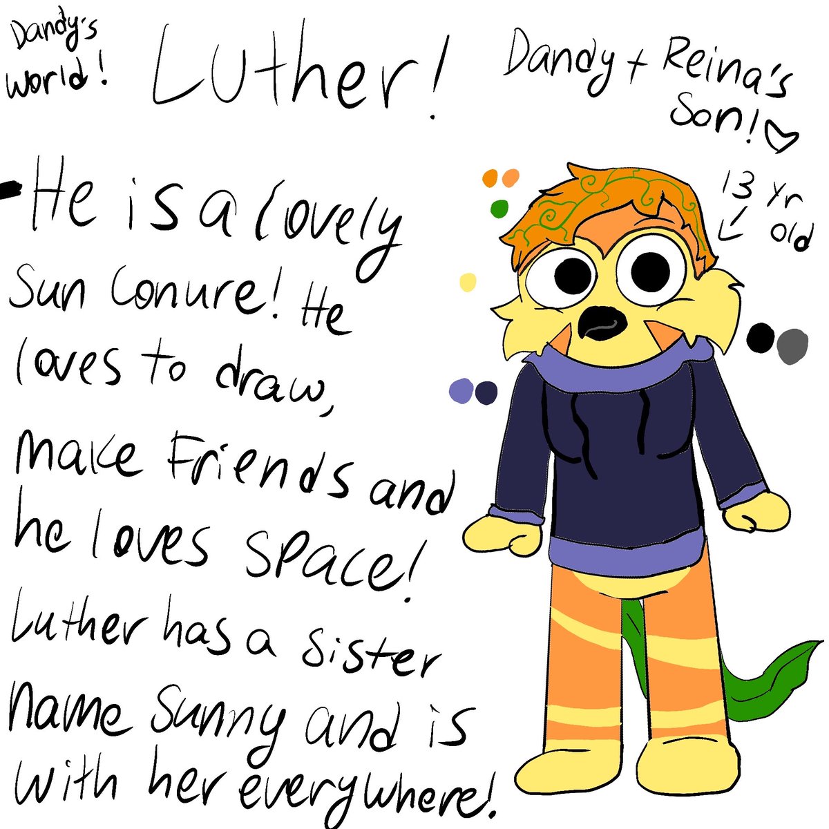Rinoah112's tweet photo. Here’s some dandy and my oc Reina together with two fan kids I made! Their kids Sunny a sunflower, and Luther a Sun Conure bird! : D #dandysworld #dandysworldoc #art #ockids https://t.co/w03PPaUCU6
