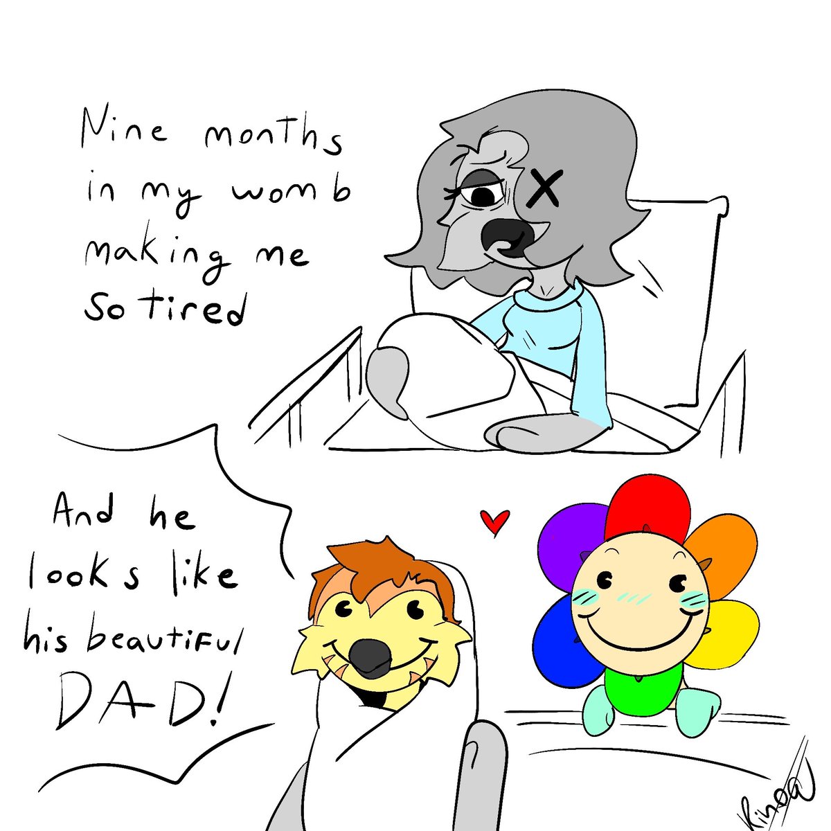 Rinoah112's tweet photo. Here’s some dandy and my oc Reina together with two fan kids I made! Their kids Sunny a sunflower, and Luther a Sun Conure bird! : D #dandysworld #dandysworldoc #art #ockids https://t.co/w03PPaUCU6