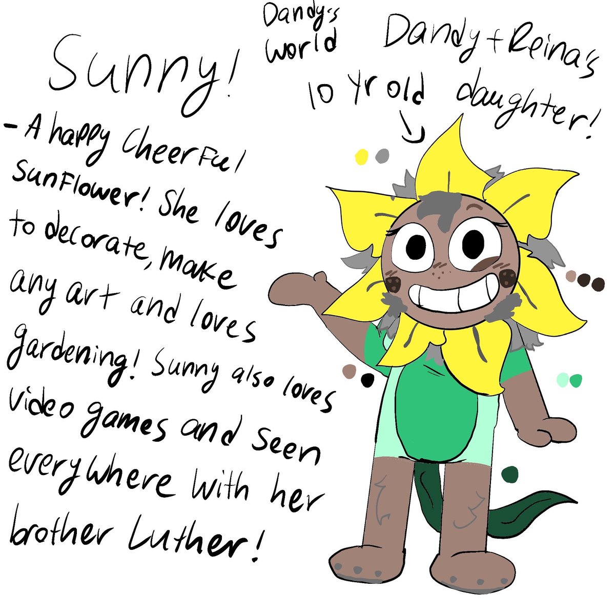 Rinoah112's tweet photo. Here’s some dandy and my oc Reina together with two fan kids I made! Their kids Sunny a sunflower, and Luther a Sun Conure bird! : D #dandysworld #dandysworldoc #art #ockids https://t.co/w03PPaUCU6