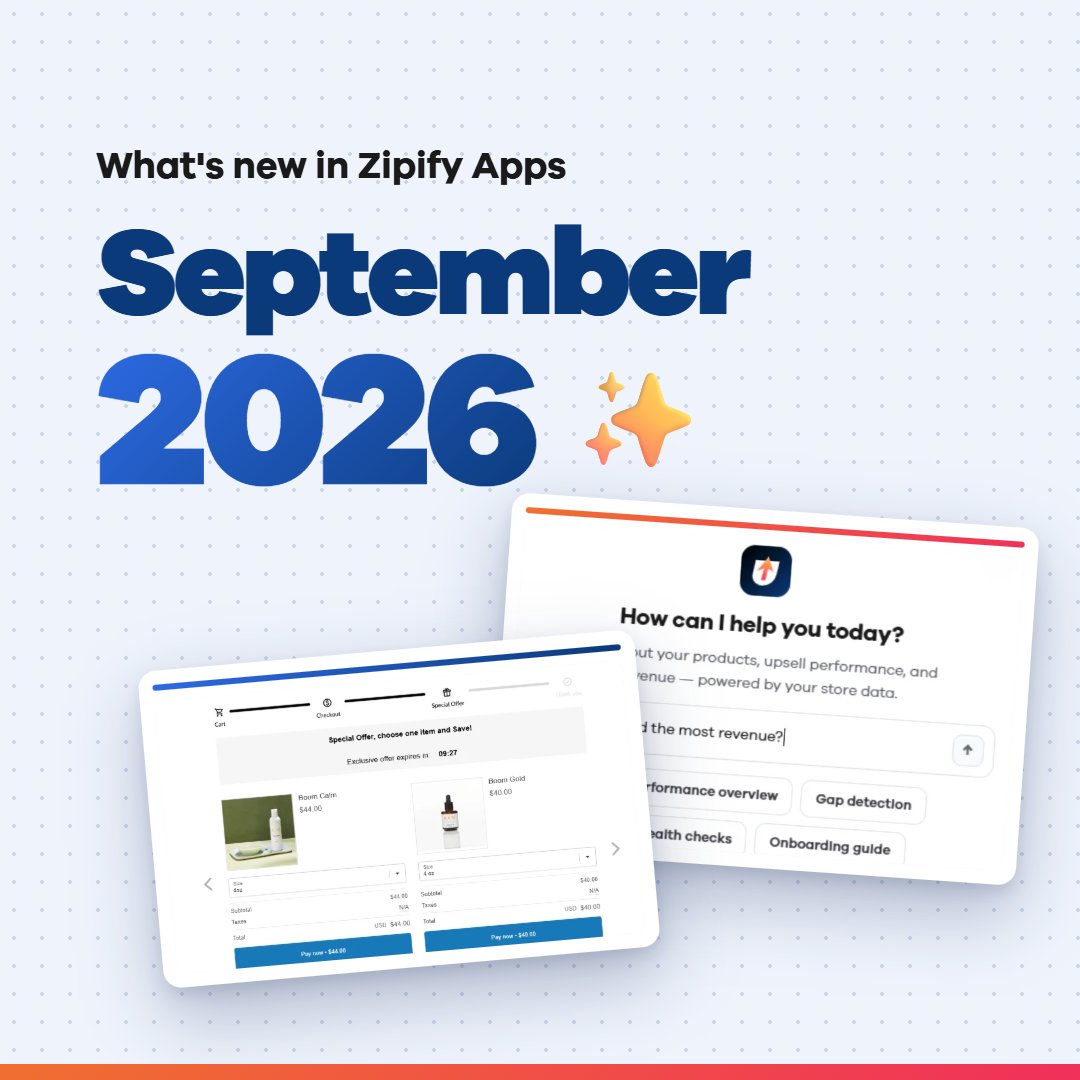 zipifyapps's tweet photo. Our September product update is here! 📬

Here's what's new in OneClickUpsell this month:
✅ AI that can create, publish, and fix funnels
✅ 6 upgrades to post-purchase offers
✅ Subscription upsells and Recharge plan upgrades
✅ Per-tier stats for your cart rewards

Plus, our BFCM Hub is live with free playbooks, guides, and the Zipify BFCM Bundle to help you plan your biggest holiday sale yet.

See the full September update 👇
https://t.co/MHRJef8BDN