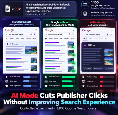 achille610's tweet photo. A preregistered test with 1,100 Google Search users found that removing AI Overviews + AI Mode increased publisher clicks. AI Mode alone reduced CTR — and also hurt trust and user experience. #SEO #AIMode #Google https://t.co/AN6HzypySk https://t.co/djNaxHc1H8