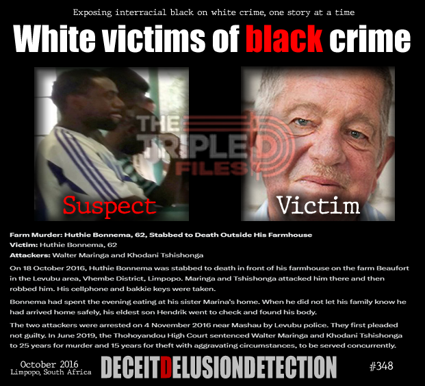 thetripledshow's tweet photo. 🚨Farm Murder: Huthie Bonnema, 62, Stabbed to Death Outside His Farmhouse

Victim: Huthie Bonnema, 62
Attackers: Walter Maringa and Khodani Tshishonga

On 18 October 2016, Huthie Bonnema was stabbed to death in front of his farmhouse on the farm Beaufort in the Levubu area, Vhembe District, Limpopo. Maringa and Tshishonga attacked him there and then robbed him. His cellphone and bakkie keys were taken.

Bonnema had spent the evening eating at his sister Marina’s home. When he did not let his family know he had arrived home safely, his eldest son Hendrik went to check and found his body.

The two attackers were arrested on 4 November 2016 near Mashau by Levubu police. They first pleaded not guilty. In June 2019, the Thohoyandou High Court sentenced Walter Maringa and Khodani Tshishonga to 25 years for murder and 15 years for theft with aggravating circumstances, to be served concurrently.

“We do not promote hate — we expose it.”
https://t.co/ZTGNVDGGKD