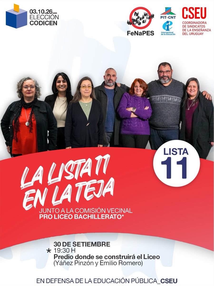 FenapesUruguay's tweet photo. 🗳️ Elección CODICEN
📢 Esta tarde visitamos La Teja para acompañar a la Comisión Vecinal Pro Liceo Bachillerato. Una demanda tan necesaria como impostergable.
✊ LISTA 11. Colegas de todo el país en defensa de la educación pública.
#FenapesSeMueve
#ElecciónCodicen
#Lista11 https://t.co/urusRHZ0fH
