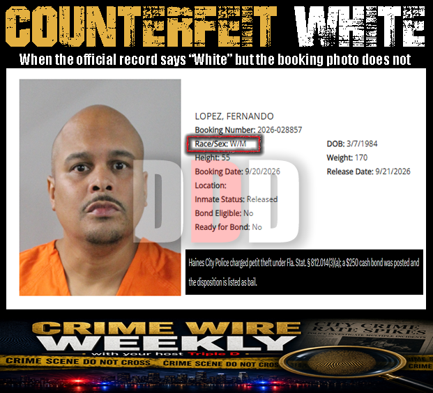 thetripledshow's tweet photo. COUNTERFEIT WHITE

LOPEZ, FERNANDO
Booking Number: 2026-028857
Race/Sex: W/M
DOB: 3/7/1984
Height: 55
Weight: 170
Booking Date: 9/20/2026
Release Date: 9/21/2026
Inmate Status: Released
Bond Eligible: No
Ready for Bond: No

Haines City Police charged petit theft under Fla. Stat. § 812.014(3)(a); a $250 cash bond was posted and the disposition is listed as bail.