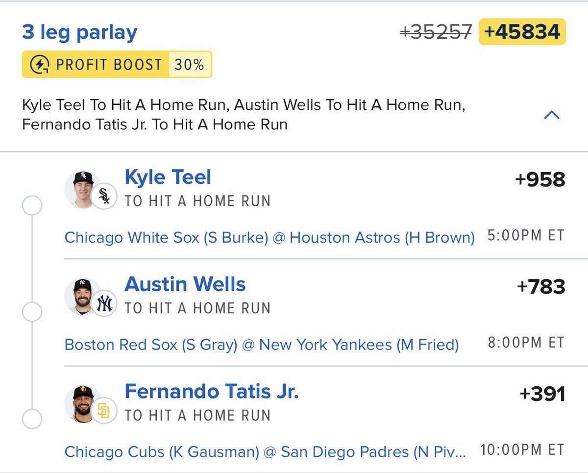 WillWingart6dk's tweet photo. 💣🔥 +45000 DINGER PARLAY IS LOADED!

👀 THE ODDS ARE JUICY — NOW IT’S TIME TO GO YARD! ⚾️🍀💰

WHO’S RIDING THIS LONG BALL LOTTO? 🚀🔥

@Playbook

#MLB #MLBBetting #HomeRuns https://t.co/vDiTj4Om1L