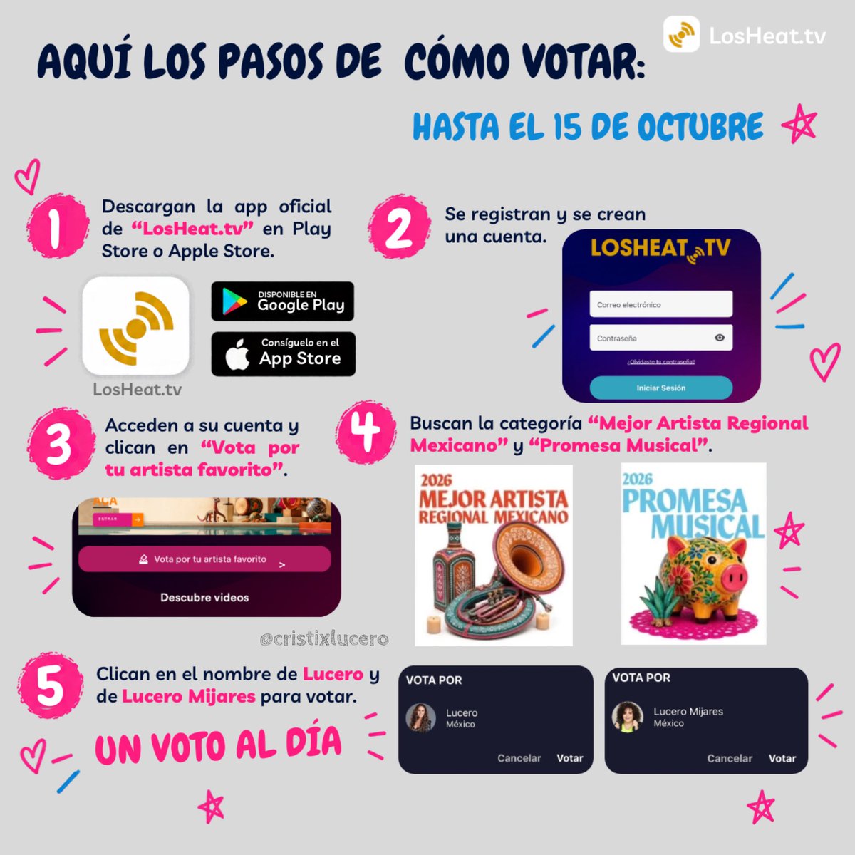 cristixlucero's tweet photo. Nuestras favoritas @LuceroMexico y @LuceroMijaresOf están nominadas en los premios HEAT TV 🏆 en las categorías “Mejor Artista Regional Mexicano 2026” y “Promesa Musical 2026” respectivamente, tenemos hasta el 15 de octubre para votar y convertirlas en ganadoras!!! 🥳💖 https://t.co/PBn2iZ1flZ