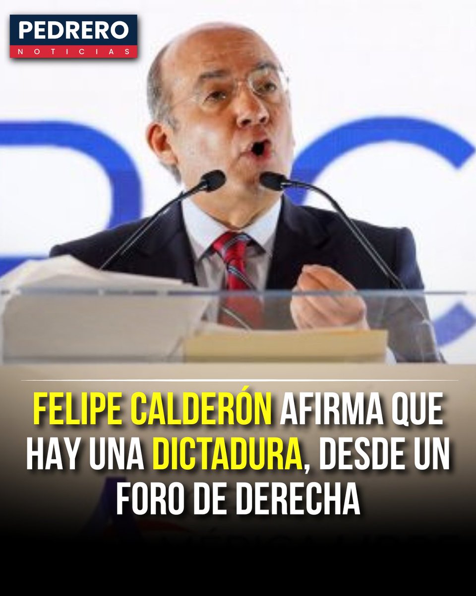 YosoyPedrero's tweet photo. ⭕ OJO | DESDE FORO DE LA DERECHA, FELIPE CALDERÓN DICE QUE HAY UNA "DICTADURA PERFECTA" EN MÉXICO
El expresidente Felipe Calderón Hinojosa aseguró este miércoles que México estaría regresando a una “dictadura perfecta”, durante su participación en el Foro América Libre, realizado en un hotel de Paseo de la Reforma en la Ciudad de México.

Calderón, quien se presentó como defensor de la democracia, acusó una supuesta “captura del Estado” por parte del crimen organizado y cuestionó la representación de la oposición en la Cámara de Diputados, así como la reforma judicial. Sus críticas las lanzó desde un encuentro impulsado por organizaciones de derecha latinoamericana, en el que él mismo figura como uno de los principales participantes.

El discurso resulta particularmente llamativo por el historial de su propio sexenio. Durante su gobierno, Genaro García Luna fue secretario de Seguridad Pública, y actualmente cumple una condena de 38 años y ocho meses de prisión en Estados Unidos por delitos relacionados con sus vínculos con el Cártel de Sinaloa. Además, autoridades mexicanas han documentado un esquema de contratos y operaciones financieras relacionado con la red del exfuncionario.