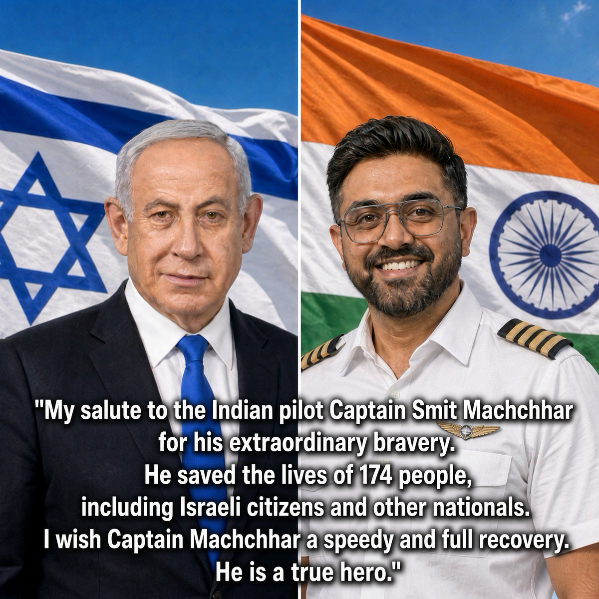 LizaRosen0000's tweet photo. Breaking: Israeli Prime Minister Benjamin Netanyahu issued an official statement thanking Indian Captain Smit Machchhar, who fought the terrorist and saved the lives of all the passengers on Flydubai FZ1073.

Here is the Prime Minister's statement:

“My salute to the Indian pilot Captain Smit Machchhar for his extraordinary bravery.

Despite being stabbed and seriously injured, he fought back, resisted, opened the cockpit door, and enabled passengers and crew to overpower the attacker — preventing a catastrophic mid-air disaster.

He saved the lives of 174 people, including Israeli citizens and other nationals.

I wish Captain Machchhar a speedy and full recovery.

He is a true hero.”