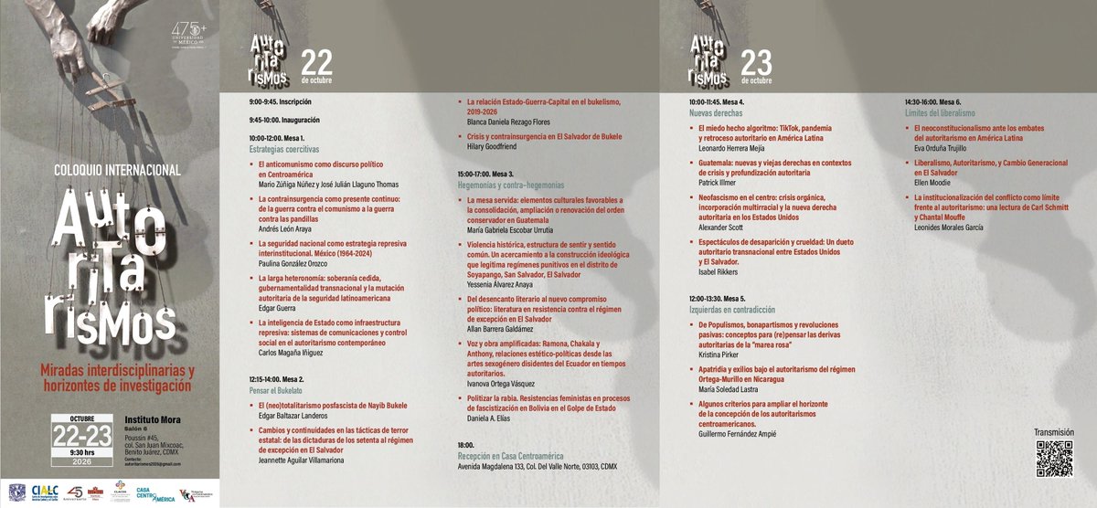 institutomora's tweet photo. 🔎Coloquio Internacional “Autoritarismos: miradas interdisciplinarias y horizontes de investigación”.

📅 22 y 23 de octubre, 9:30 h
📍 Salón 6, Instituto Mora, sede Poussin
Poussin #45, col. San Juan Mixcoac, Benito Juárez, CDMX

📩 Contacto: autoritarismos2026@gmail.com https://t.co/xHK3UyS9c0
