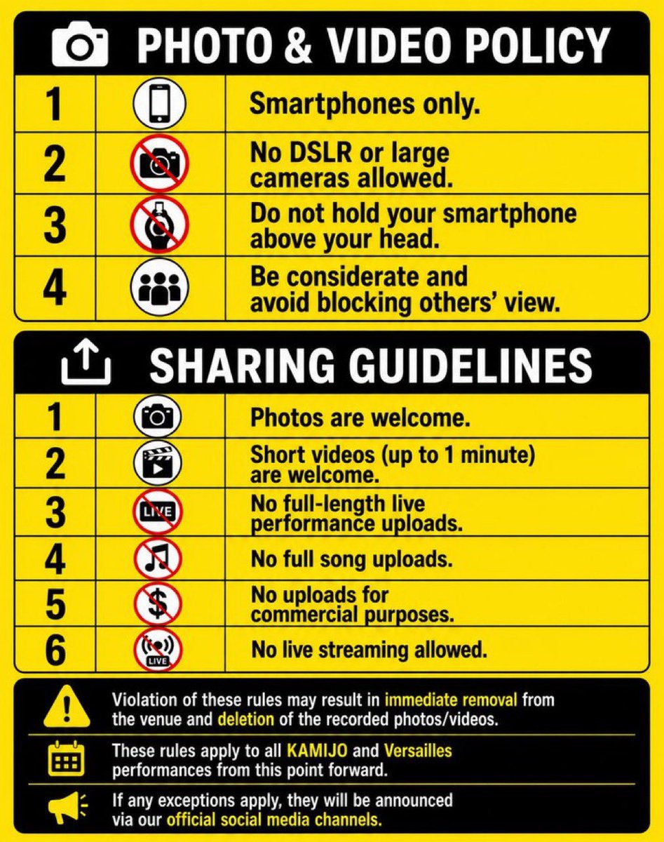 KamijoOfficial's tweet photo. At today's show, we noticed someone filming with a video camera. Here is a reminder of our photo and video policy.
Video cameras and DSLRs are not permitted.
Smartphone filming is welcome, but please put your phone away when you're not filming. Do not raise it above your head, and limit clips to 1 minute or less.
Please review the rules above and enjoy our upcoming shows. Thank you for your cooperation.

CHATEAU AGENCY HOLLYWOOD INC.
CHATEAU AGENCY Co.,Ltd.