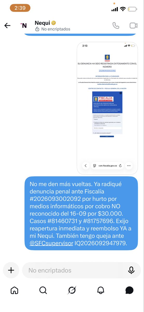 TaraHencker's tweet photo. @Nequi @FiscaliaCol @SFCsupervisor Mentira @Nequi, ya les escribí por interno y por aquí y no responden, solo cierran los casos #81460731 #81757696. Respondan en público. Denuncia #2026093002092 https://t.co/c5MYHMy6nK