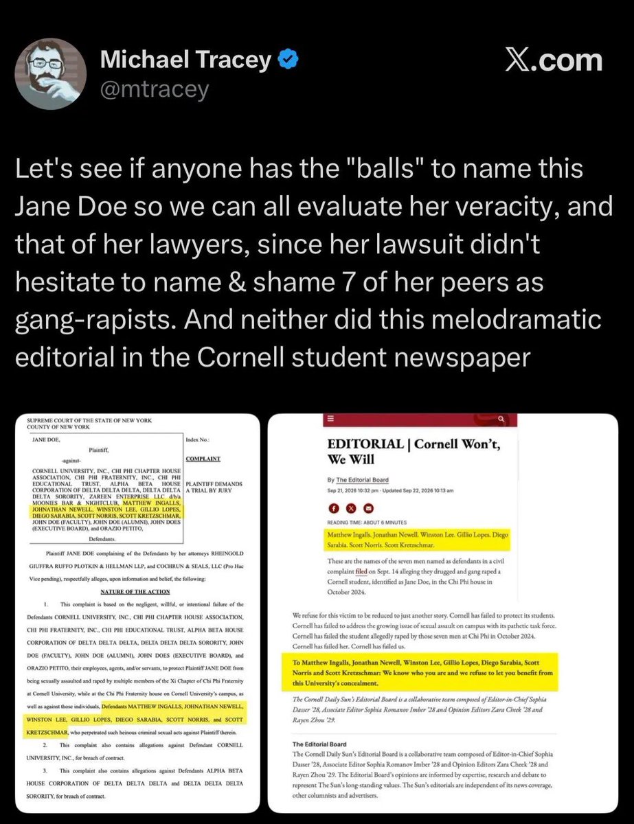 landpalestine's tweet photo. So Michael Tracey. He is planning to dox the Jane Doe from the Cornell university 7 rape case 

He's a public figure, and according to him, he doesn't mind being harassed

So here's the info I found, and received from other Threaders. 

His phone has been disconnected, but there are emails available. Also on the Fox News website. Let him know how we feel. He doesn't get to victimize her again without accountability