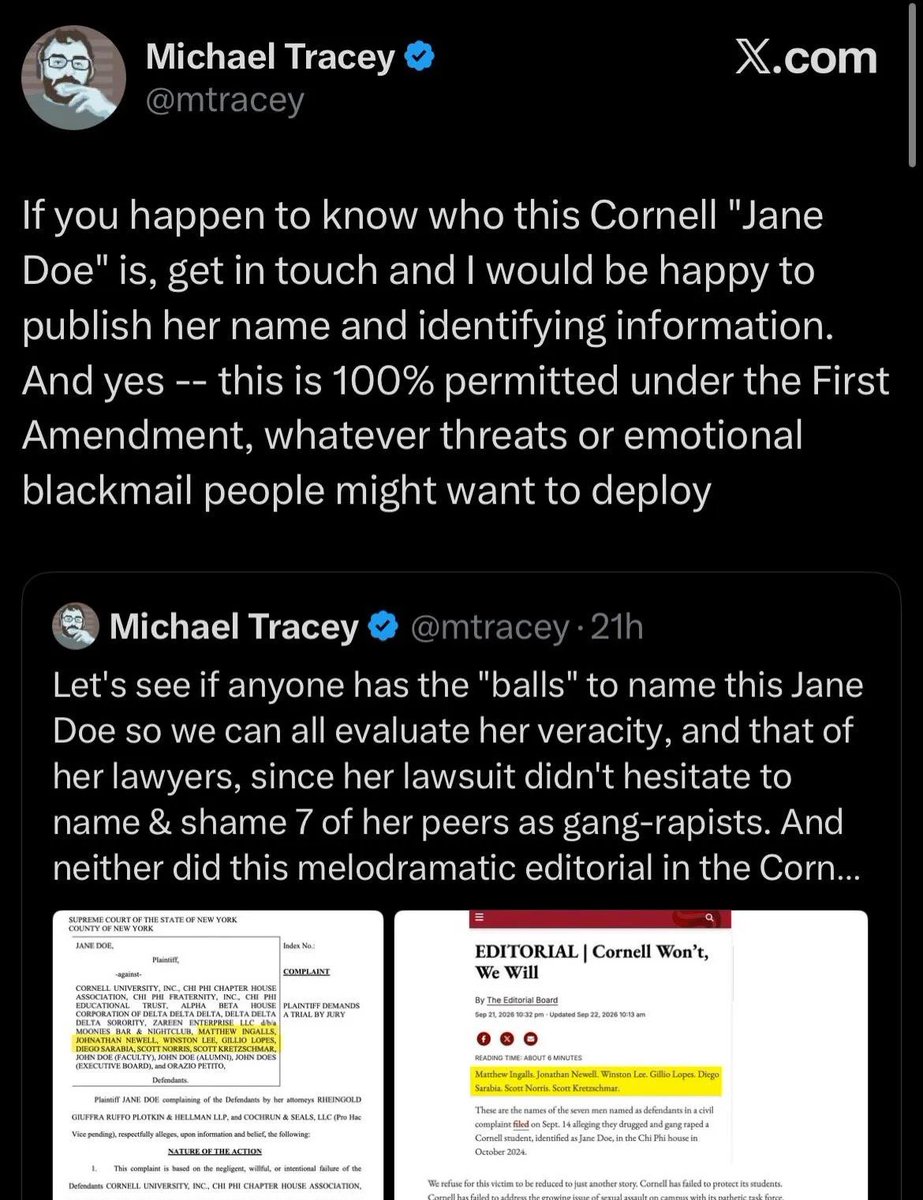 landpalestine's tweet photo. So Michael Tracey. He is planning to dox the Jane Doe from the Cornell university 7 rape case 

He's a public figure, and according to him, he doesn't mind being harassed

So here's the info I found, and received from other Threaders. 

His phone has been disconnected, but there are emails available. Also on the Fox News website. Let him know how we feel. He doesn't get to victimize her again without accountability