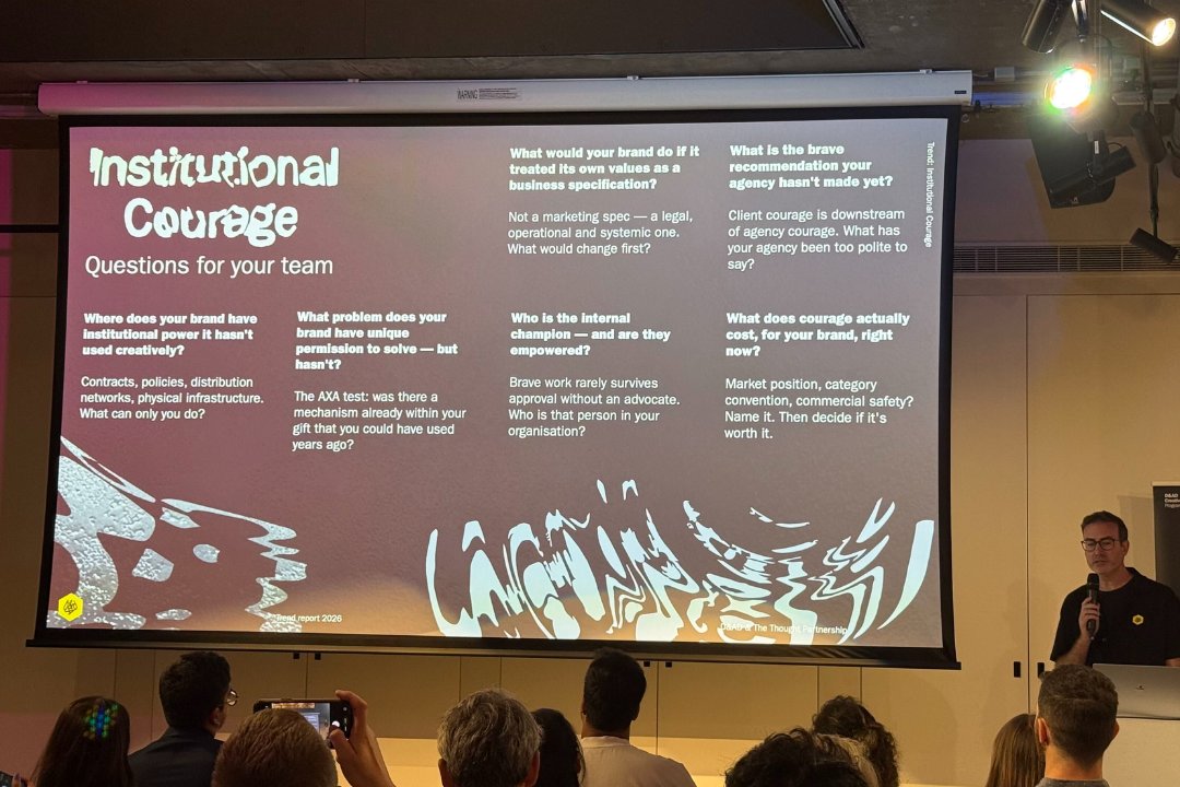 dandad's tweet photo. Live at D&amp;AD HQ: Donal Keenan is taking us through the six trends from D&amp;AD Awards 2026.
We're currently exploring 'Institutional Courage', including how La Poste + Tetris joined creative forces to tackle a courier industry problem.

Get your free report: https://t.co/DiuPiR4DMq https://t.co/ekH7QcbGwf