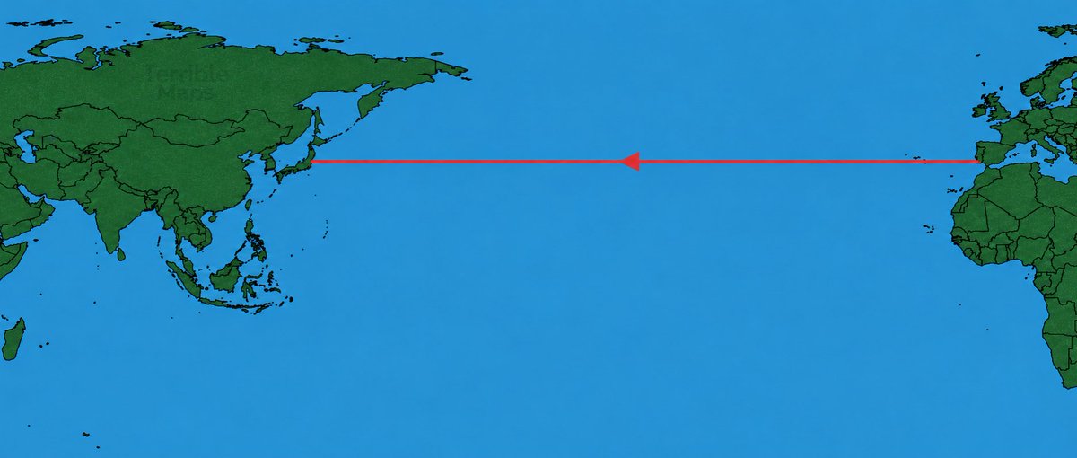 TerribleMaps's tweet photo. It is possible to sail from Spain to Japan in a straight line https://t.co/TuJKTyeWlG
