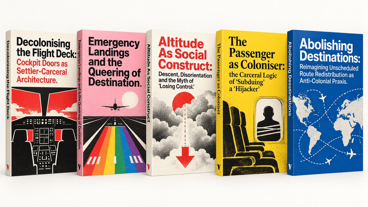 DrewPavlou's tweet photo. Get ready for the awesome wave of left wing theory texts in response to this new Dubai-Tel Aviv hijacking. Brooklyn bookstores are going to cook with this. 

“Decolonising the Flight Deck: Cockpit Doors as Settler-Carceral Architecture.”

“Scrambled Identities: Emergency Landings and the Islamic Queering of Flight Destinations.”

“Altitude As Social Construct: Descent, Disorientation and Western Myths of 'Losing Control.”

“The Passenger as Coloniser: the Carceral Logic of 'Subduing’ a ‘Hijacker’”

“Abolishing Destinations: Reimagining Unscheduled Route Redistribution as Anti-Colonial Praxis.”