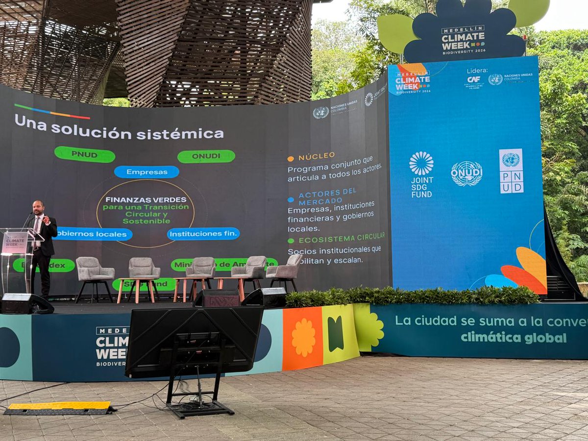 onucolombia's tweet photo. En #ClimateWeek Medellín, @PnudColombia y @ONUDIColombia, con apoyo de @JointSDGFund, lanzan iniciativa "Finanzas verdes para una transición circular y sostenible", para movilizar capital, asistencia técnica y alianzas para transformación productiva en 🇨🇴. https://t.co/Tici7pLub4 https://t.co/0EmUsSsvSa