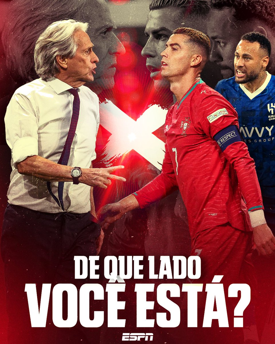 SportsCenterBR's tweet photo. Depois do "tu... finish" em 'treta' com Neymar, Jorge Jesus se envolveu em polêmica com Cristiano Ronaldo agora como técnico da seleção de Portugal. De que lado você está, fã de esporte? ⚔️🤔

#FutebolNaESPN https://t.co/6qcdHXz70B