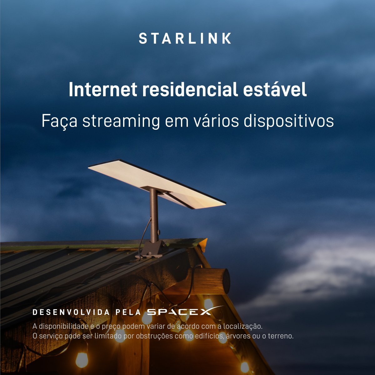 Starlink's tweet photo. Tenha acesso à internet residencial rápida e estável para streaming sem interrupções, trabalho remoto, jogos on-line e muito mais em múltiplos dispositivos.

Faça o pedido on-line em minutos.