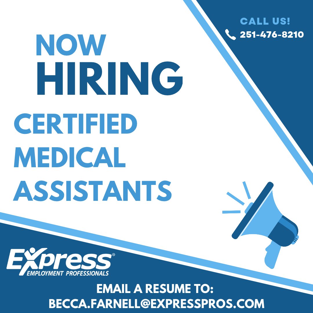 ExpressProsMob's tweet photo. NOW HIRING: CERTIFIED MEDICAL ASSISTANTS

We’re looking for a Certified Medical Assistant to join a great team in the Mobile area!
Pay: Starting at $17-18/hour
Position: Certified Medical Assistant (CMA)

Interested? Email your resume directly to Becca.Farnell@expresspros.com... https://t.co/EDLJOwDxLm