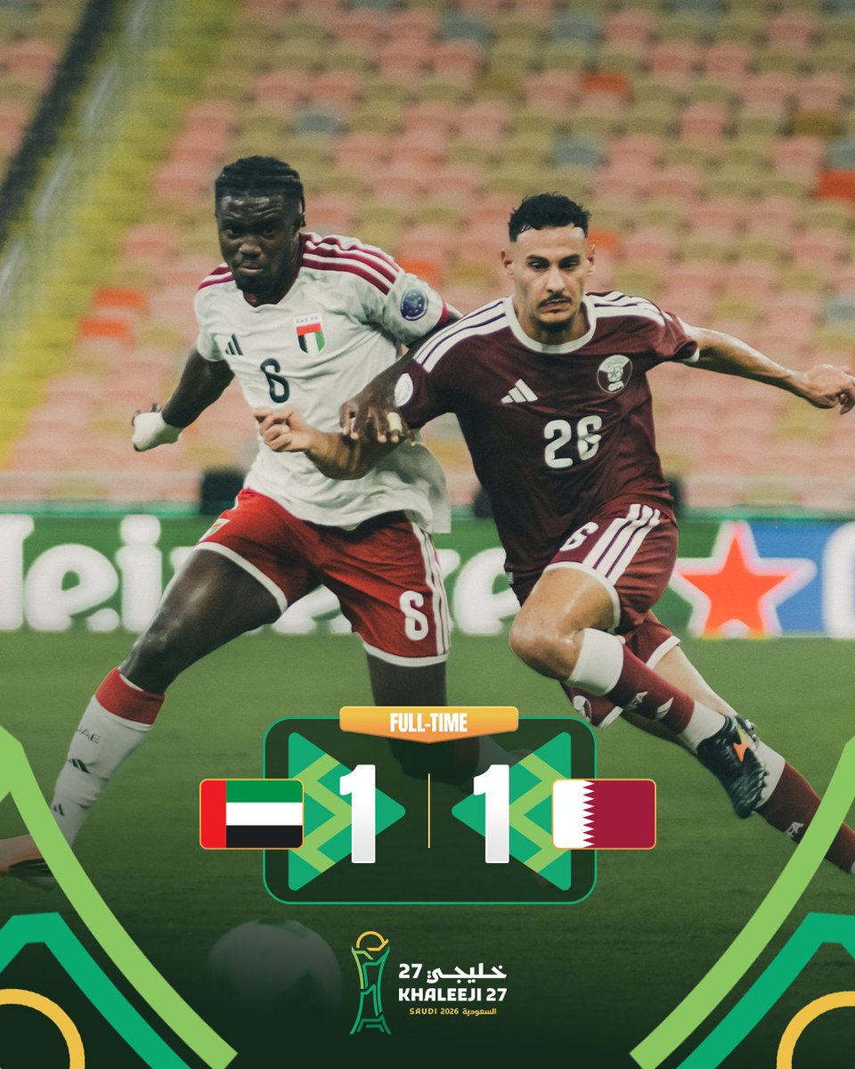 afcasiancup's tweet photo. 𝗙𝗧 | 🇦🇪 UAE 1️⃣-1️⃣ Qatar 🇶🇦

It ends all square with both sides progressing to the Gulf Cup semi-finals from Group B! https://t.co/ocpkJJXz74