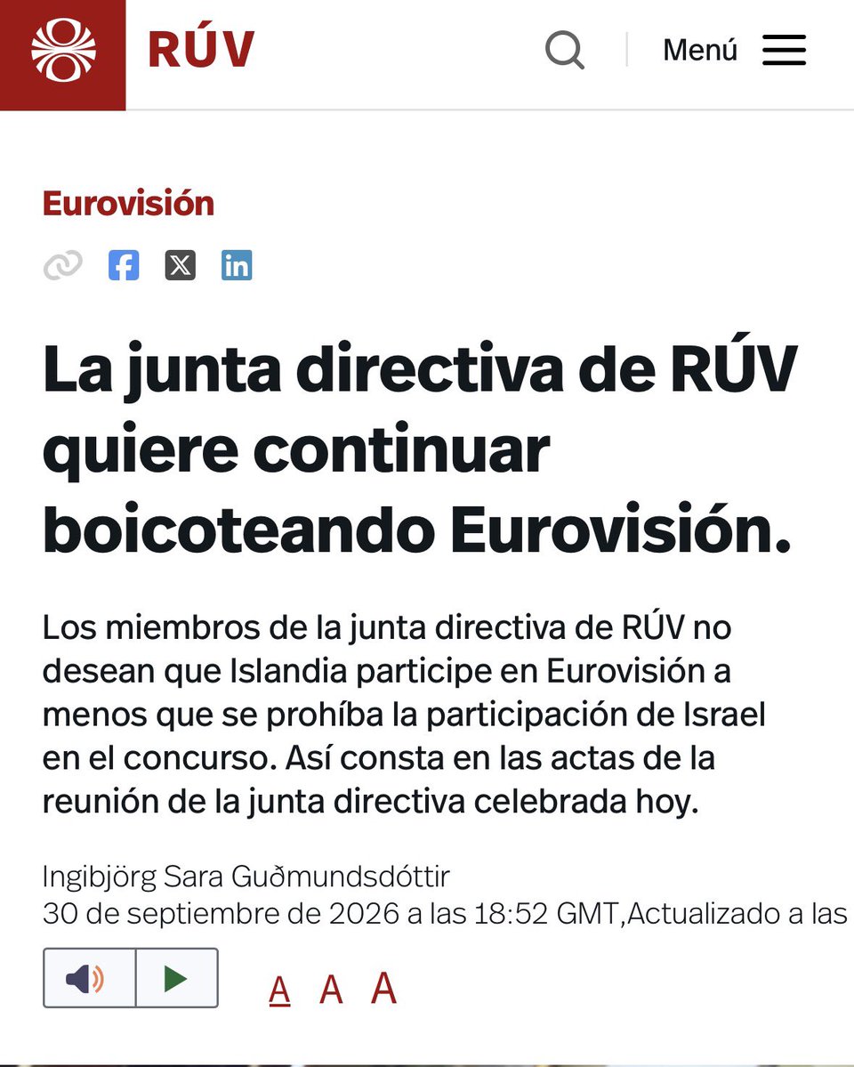 luismesacabello's tweet photo. 🔴 ÚLTIMA HORA: Islandia CONTINUARÁ con su boicot y NO estará en #Eurovision 2027.
🔗 https://t.co/hRXqiuEfF6 https://t.co/W7wStM02N3