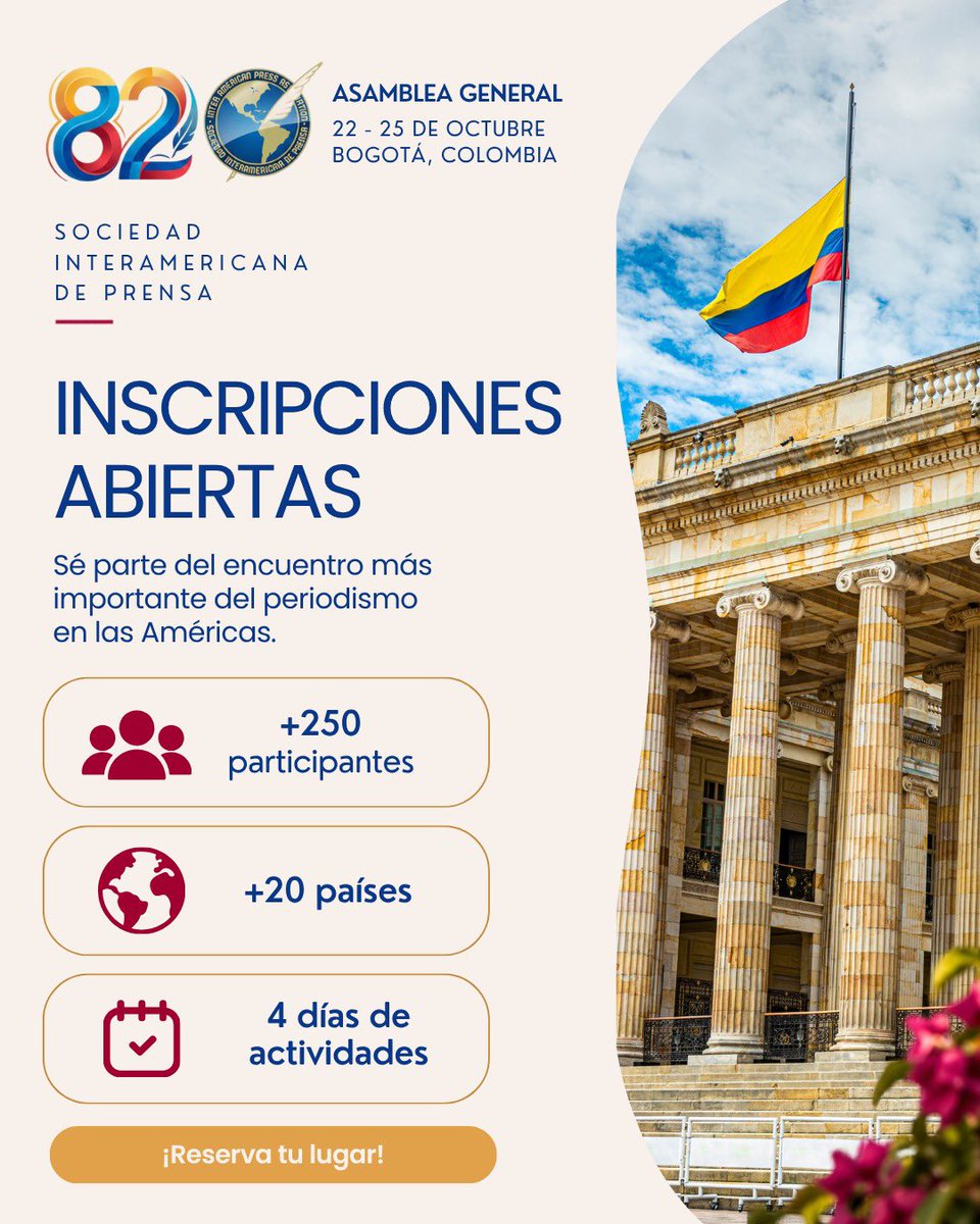 sip_oficial's tweet photo. 📣 ¡Inscripciones abiertas! 

🇨🇴 La 82ª Asamblea General de la SIP llega a Bogotá con más de 70 ponentes para debatir sobre libertad de prensa, IA y futuro de los medios.

📅 22–25 de octubre
📍 Hilton Bogotá

🔗 Programa final e inscripción: https://t.co/Wf2MHntrSR https://t.co/gzFWhACgOL
