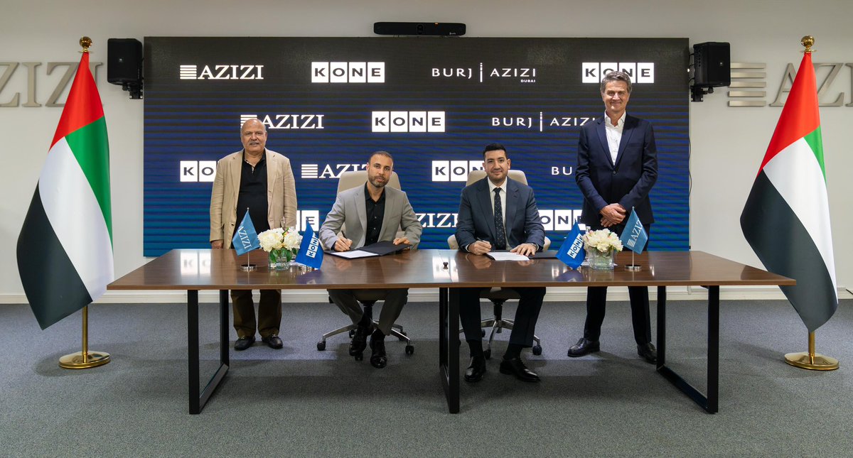 MAziziOfficial's tweet photo. امروز در دفتر کار خود در دوبی‌ شاهد امضای قراردارد همکاری از جانب‌ شرکت عزیزی با شرکت بین المللی کانی در ارتباط با تهیه وسایل‌ و خدمات لیفت (آسانسور) برای برج عزیزی بودم. 
‌
در محفل مختصری که با حضور جمعی از اراکین ارشد شرکت کانی، به شمول‌ محترم فیلیپ‌ دولورمی، رئیس عمومی‌ شرکت مذکور دایر گردیده بود، قرارداد تدارک سیستم‌ کامل انتقالات عمودی برج عزیزی، به شمول‌ ۵۹ آسانسور و ۱۵ زینه متحرک به امضا رسید که روند تطبیق‌ آن بلافاصله بعد از امضا آغاز خواهد گردید.

شرکت کانی یکی‌ از بزرگ‌ترین تولید کنندگان آسانسور در دنیا است که تولیدات آن در شماری از ساختمان های معروف دنیا بکار رفته است.‌

قابل‌ ذکر است که‌ قرارداد برج عزیزی شامل دیزاین و نصب اولین آسانسور دنیا است که قرار است طور مستقیم و بدون وقفه به ارتفاع‌ بیش از ۶۳۰ متر از سطح زمین صعود نماید.