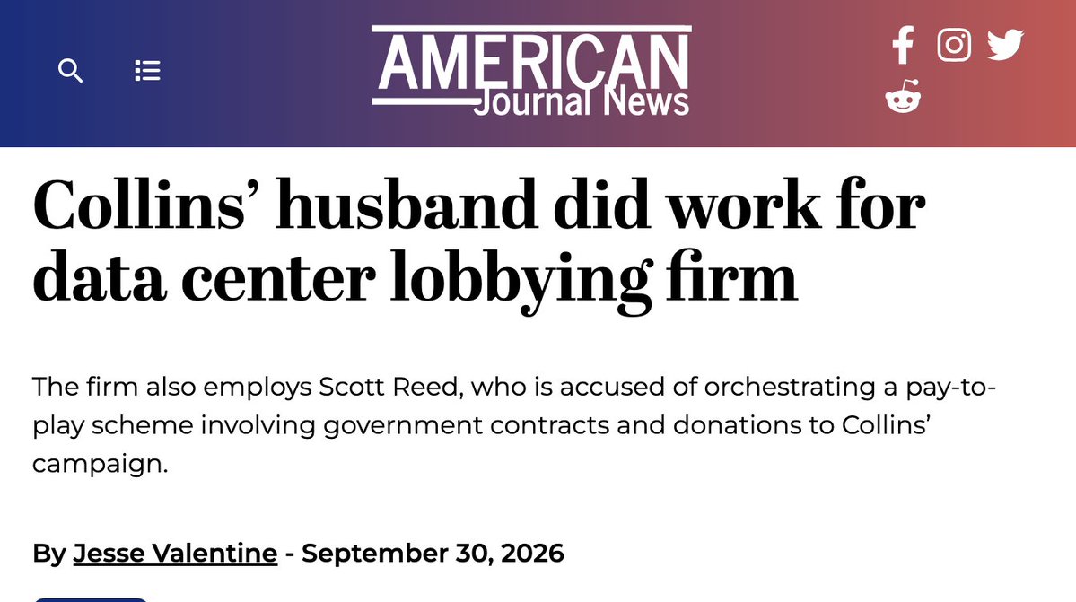 dabbs346's tweet photo. Susan Collins’ husband did consulting work for Chesapeake Enterprises, a lobbying firm that has pushed for more data center development.

#mesen #mepolitics https://t.co/LvMD0Hereh
