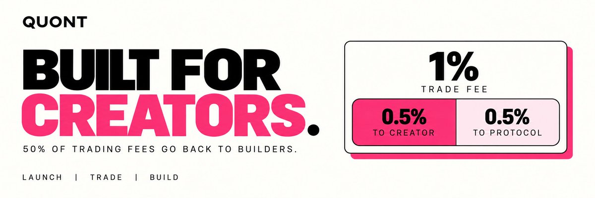 quontfun's tweet photo. Why launch on QUONT?

Because creators should participate in the upside they create.

Every trade generates a 1% fee:

→ 0.5% to the creator
→ 0.5% to the protocol
50% of trading fees go directly back to builders.

QUONT is built for creators. 🩷 https://t.co/UgS9aWRjaf