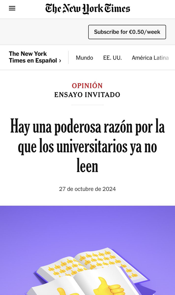 sanz_ismael's tweet photo. ¿Por qué los universitarios leen cada vez menos? No es solo falta de hábito: es una respuesta racional a una economía que premia las “vibras”, la visibilidad y el acceso más que el esfuerzo intelectual. Si el éxito no depende de leer, ¿para qué leer? https://t.co/Mj4WMLcF0q https://t.co/xebYy9A0za