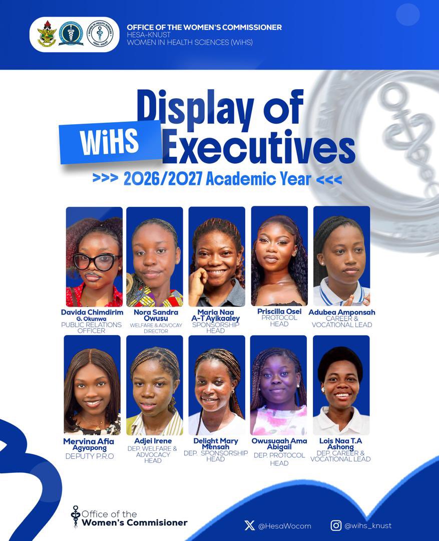 wihs_knust's tweet photo. Meet the 2026/2027 WiHS Executive Team 🩺💜

A new team, new responsibilities, and a new chapter of service to Women in Health Sciences, KNUST.

Get to know the women who will be serving in various capacities throughout the academic year.

#WomenInHealthSciences #KNUST
#WiHS2026 https://t.co/mdTYS6wqAF