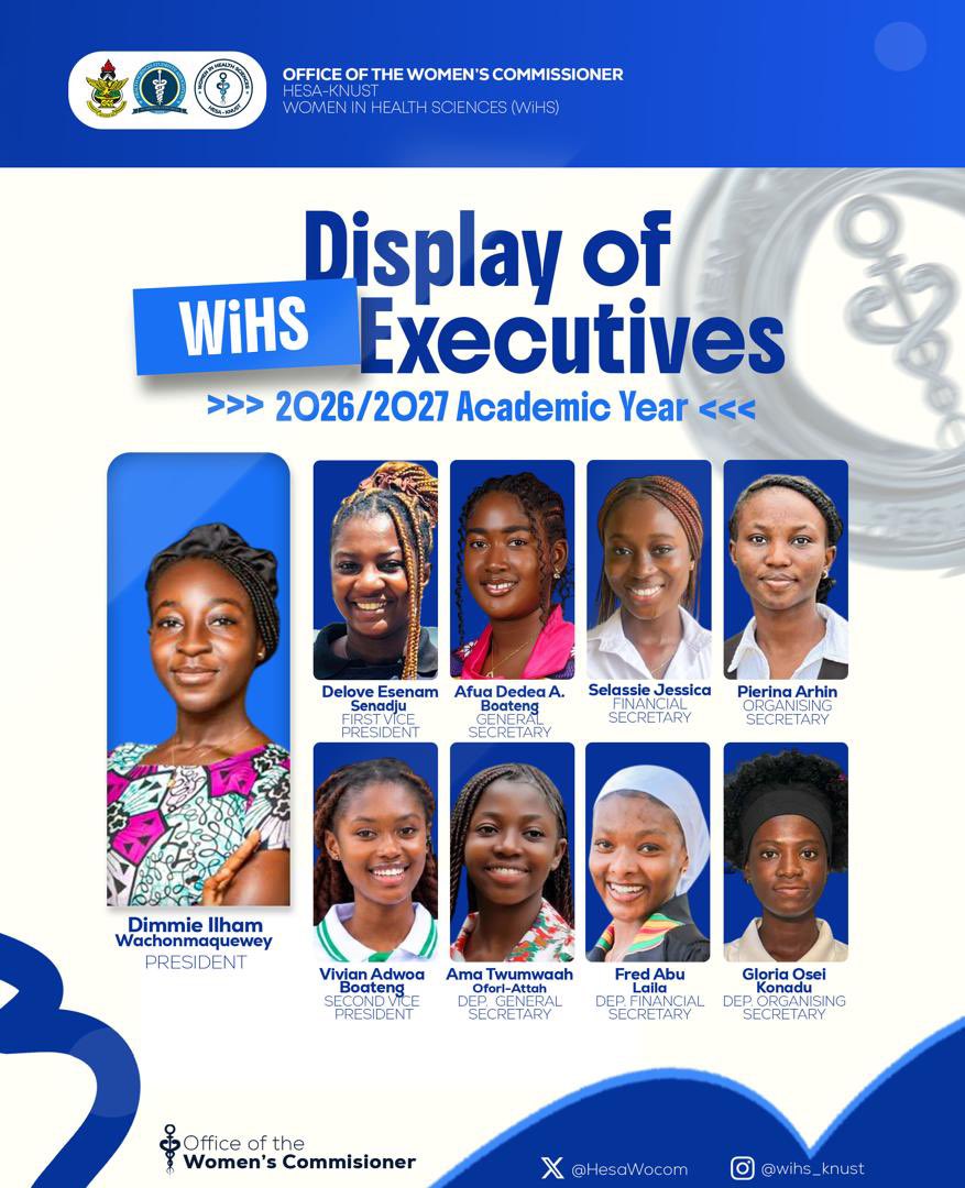 wihs_knust's tweet photo. Meet the 2026/2027 WiHS Executive Team 🩺💜

A new team, new responsibilities, and a new chapter of service to Women in Health Sciences, KNUST.

Get to know the women who will be serving in various capacities throughout the academic year.

#WomenInHealthSciences #KNUST
#WiHS2026 https://t.co/mdTYS6wqAF