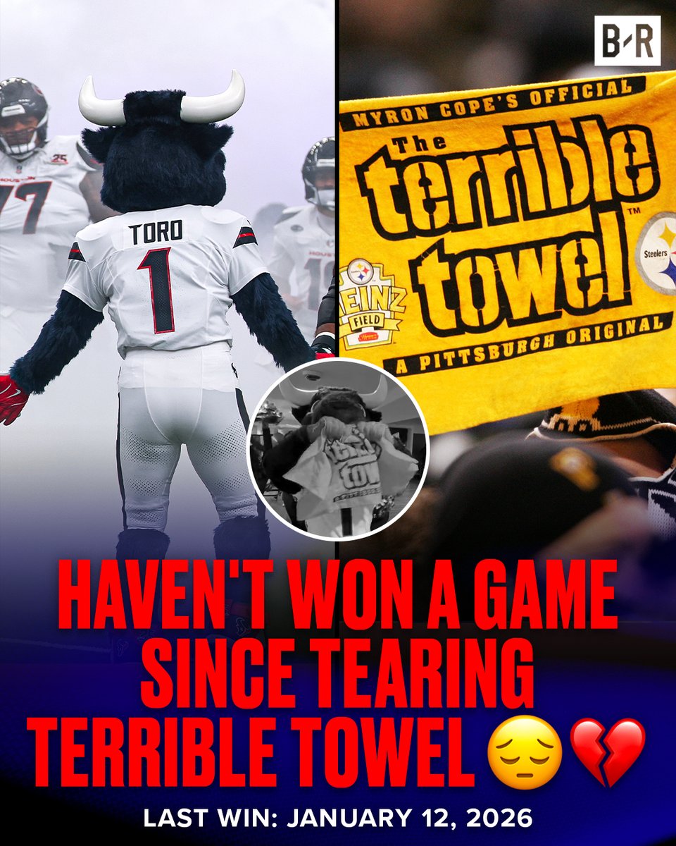 BleacherReport's tweet photo. The Texans are 0-7, including preseason, since their mascot, Toro, ripped the Terrible Towel after eliminating the Steelers from the playoffs last season https://t.co/E6Pa2ZIKeq