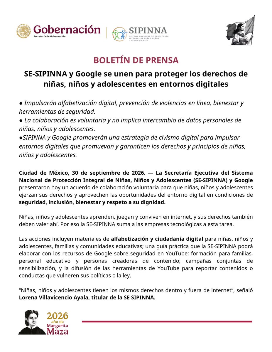 SIPINNA_MX's tweet photo. 🌐 Sus derechos también cuentan en internet.
SE-SIPINNA y Google unen esfuerzos para impulsar entornos digitales más seguros, inclusivos y respetuosos para niñas, niños y adolescentes. 🛡️💜
#SomosSIPINNA #DerechosDigitales #InternetSeguro #NiñasNiñosYAdolescentes https://t.co/Vj3j4etDqN
