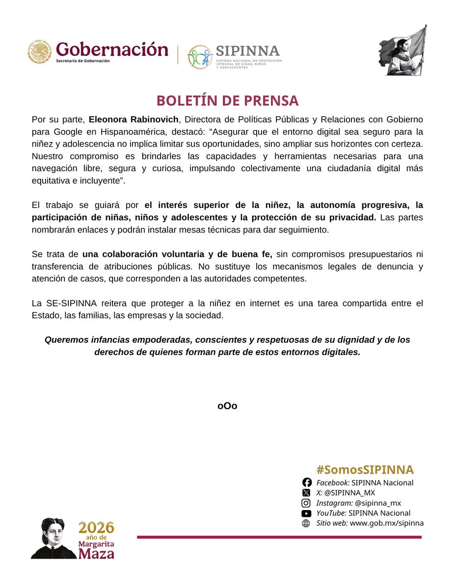 SIPINNA_MX's tweet photo. 🌐 Sus derechos también cuentan en internet.
SE-SIPINNA y Google unen esfuerzos para impulsar entornos digitales más seguros, inclusivos y respetuosos para niñas, niños y adolescentes. 🛡️💜
#SomosSIPINNA #DerechosDigitales #InternetSeguro #NiñasNiñosYAdolescentes https://t.co/Vj3j4etDqN