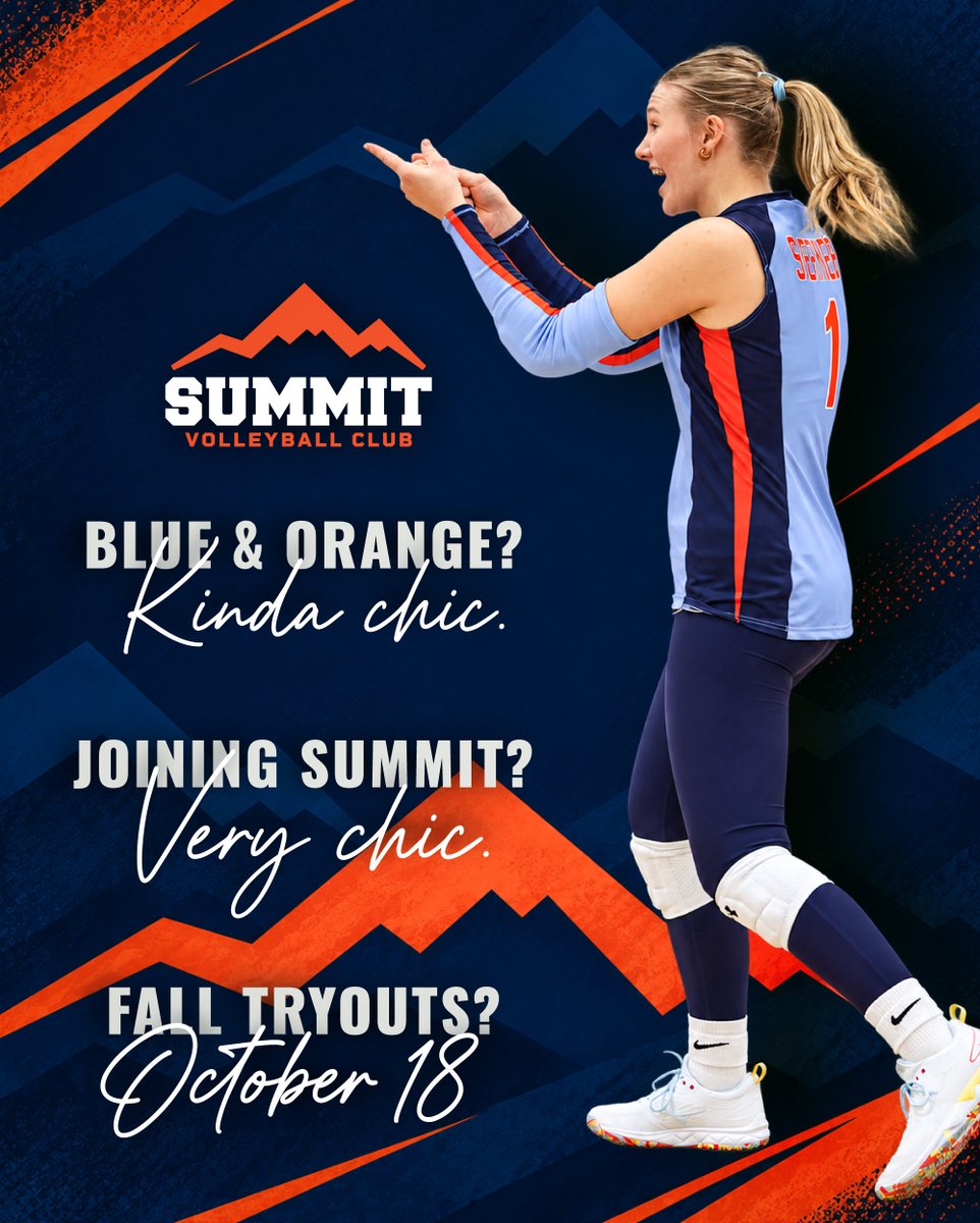 SummitVB_'s tweet photo. Late to the trend. Right on time for tryouts.

Blue and orange? Kinda chic. Joining Summit? Very chic.

Date: October 18
Time: 3:30–5:00 PM
Ages: 11s–18s

Register: https://t.co/5jA17hyY7y https://t.co/u4PR2qtwM1