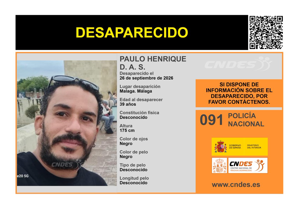 cndes_oficial's tweet photo. ⚠️𝘼𝙇𝙀𝙍𝙏𝘼⚠️

ℹ️39 años
🧐Desapareció: #Málaga

🔁RT📲para ayudar a su localización
Si tienes noticias de su paradero:
📞091 @policia 
📩https://t.co/tel4GqsqNm
🔗Canal oficial @cndes_oficial 
#Andalucía https://t.co/6JImqNghlX