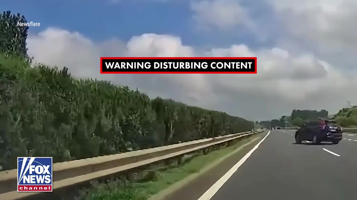 A Fox News Channel broadcast from Newsflare showing dashcam footage on a highway with a red 'WARNING DISTURBING CONTENT' banner overlaid, featuring a damaged black car parked on the right shoulder.