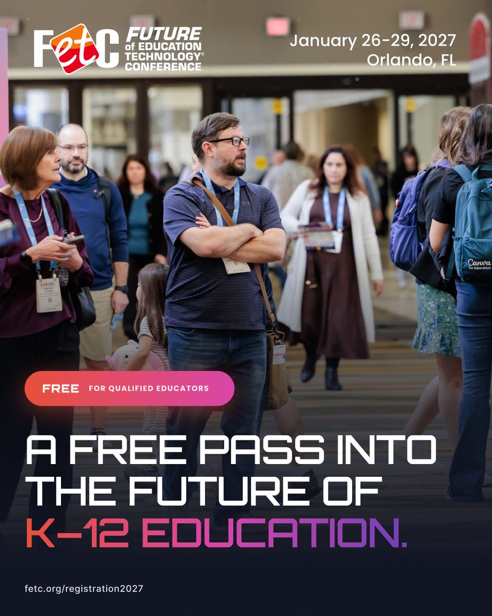 fetc's tweet photo. A free pass into the future of K-12 education. No, really. 🎟️

Qualified attendees can explore the #FETC2027 Expo Hall for FREE.*

445+ exhibitors. Live demos. Hands-on tech. Keynotes + more.

Claim your Expo-Only Pass: https://t.co/iOTiKzDH8Q

*Eligibility required. https://t.co/12zXQovnsj