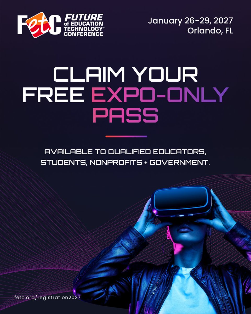 fetc's tweet photo. A free pass into the future of K-12 education. No, really. 🎟️

Qualified attendees can explore the #FETC2027 Expo Hall for FREE.*

445+ exhibitors. Live demos. Hands-on tech. Keynotes + more.

Claim your Expo-Only Pass: https://t.co/iOTiKzDH8Q

*Eligibility required. https://t.co/12zXQovnsj
