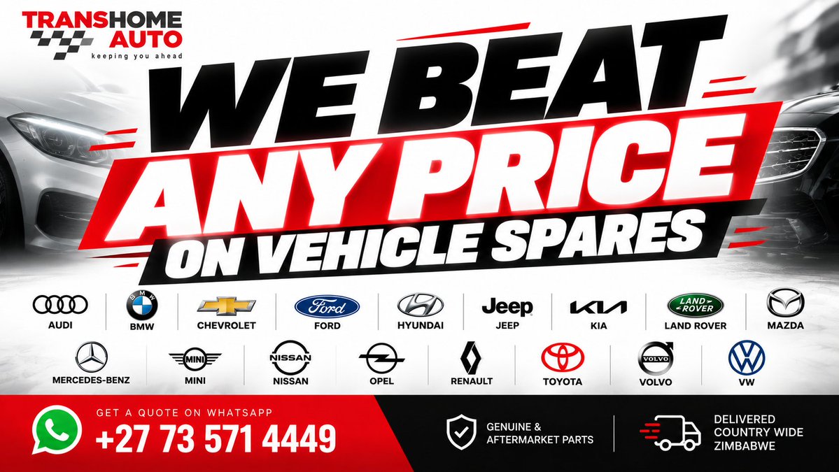 transhomeauto's tweet photo. We Beat Any Price On Vehicle Spares. Get your Free Quote today. Free Delivery Around Zimbabwe https://t.co/cWgWm2CKsH https://t.co/R2zvGGnLFh