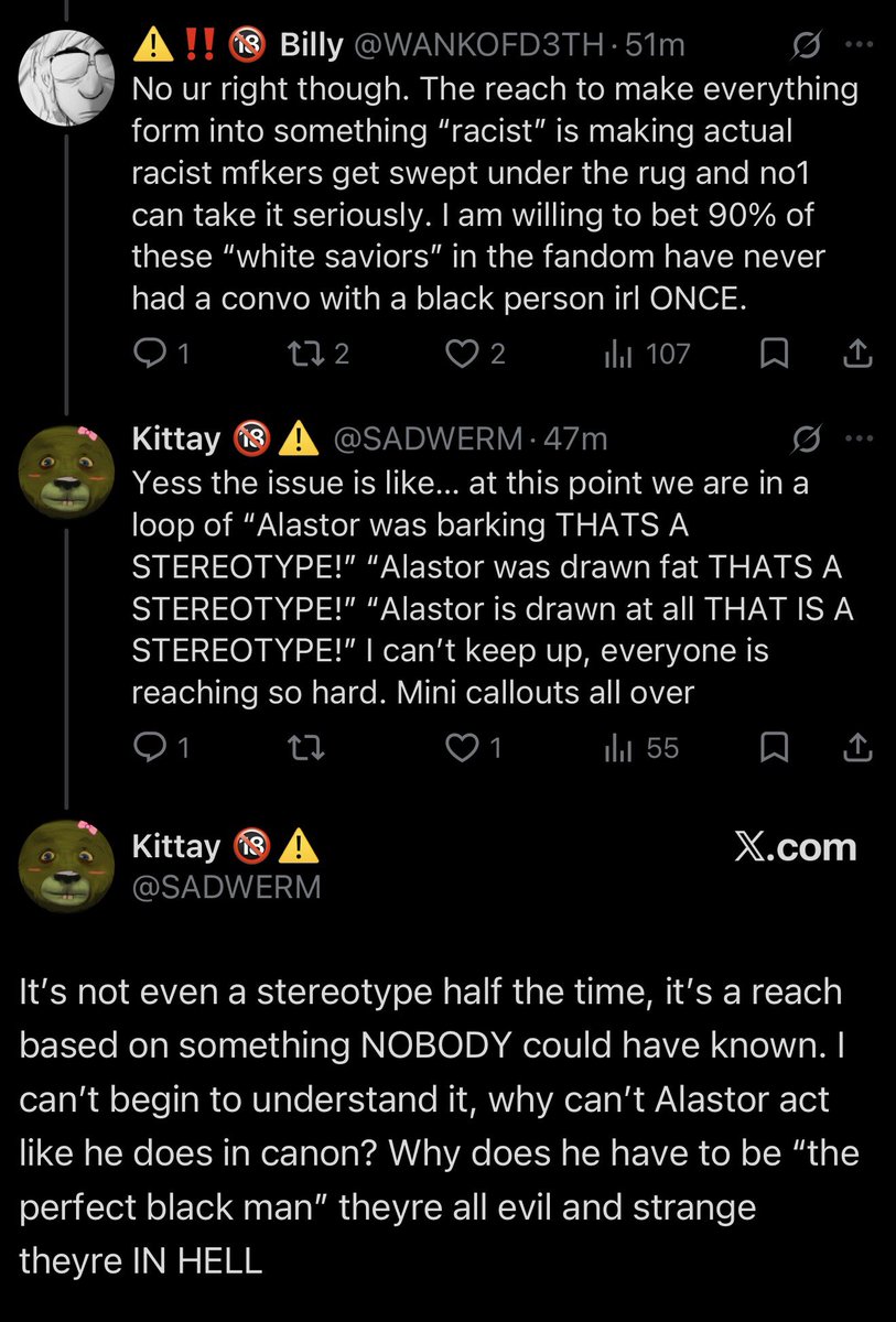 voxvangogh's tweet photo. mind you the recent controversies have been 1) alastor in chains + an orientalist outfit being sold to charlie as ship art and 2) a black character named klyde k klansman dressed in a kkk robe who’s part monkey, and in both cases Many of the people who called it out were black https://t.co/Fq5VpoZEmQ