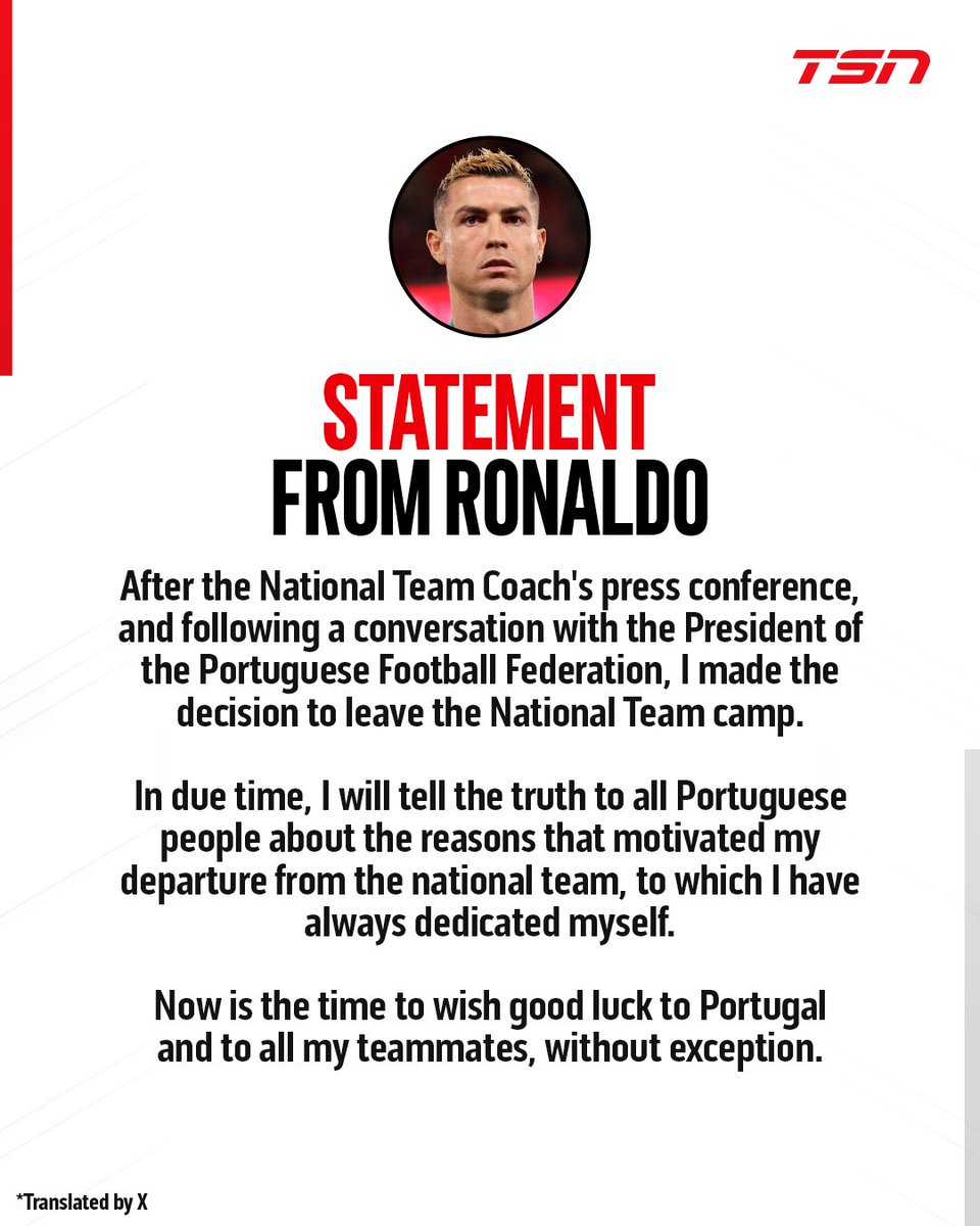 TSN_Sports's tweet photo. Cristiano Ronaldo has announced via social media that he is leaving the Portugal national team camp! 👀🇵🇹 https://t.co/ajthMAUuNw